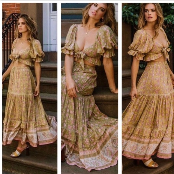 Boho Gypsy Dahlia Smocked Crop Peasant Top Floral gold mustard tie blouse - Picture 3 of 13